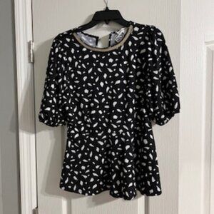 Perseption Concept Women's Top Rhinestone Neckline Short Sleeve Black & White L